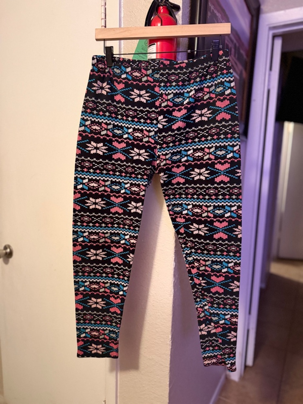 Fashion Nova Girls Black Leggings with Pink & Blue Fair Isle Print